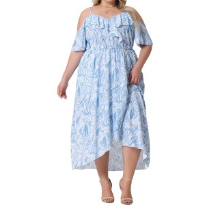 Agnes Orinda Women's Plus Size Cold Shoulder V Neck Short Sleeve Ruffle Floral Maxi Dresses with Side Pockets - 1 of 4