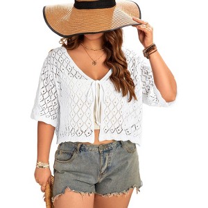Women's Lightweight Short Sleeve Crochet Open Front Shrug Cardigan Short Sweaters - 1 of 1