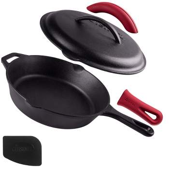 Cuisinel Cast Iron Skillet with Lid - 10"-inch Pre-Seasoned Covered Frying Pan Set + Silicone Handle and Lid Holders + Scraper/Cleaner
