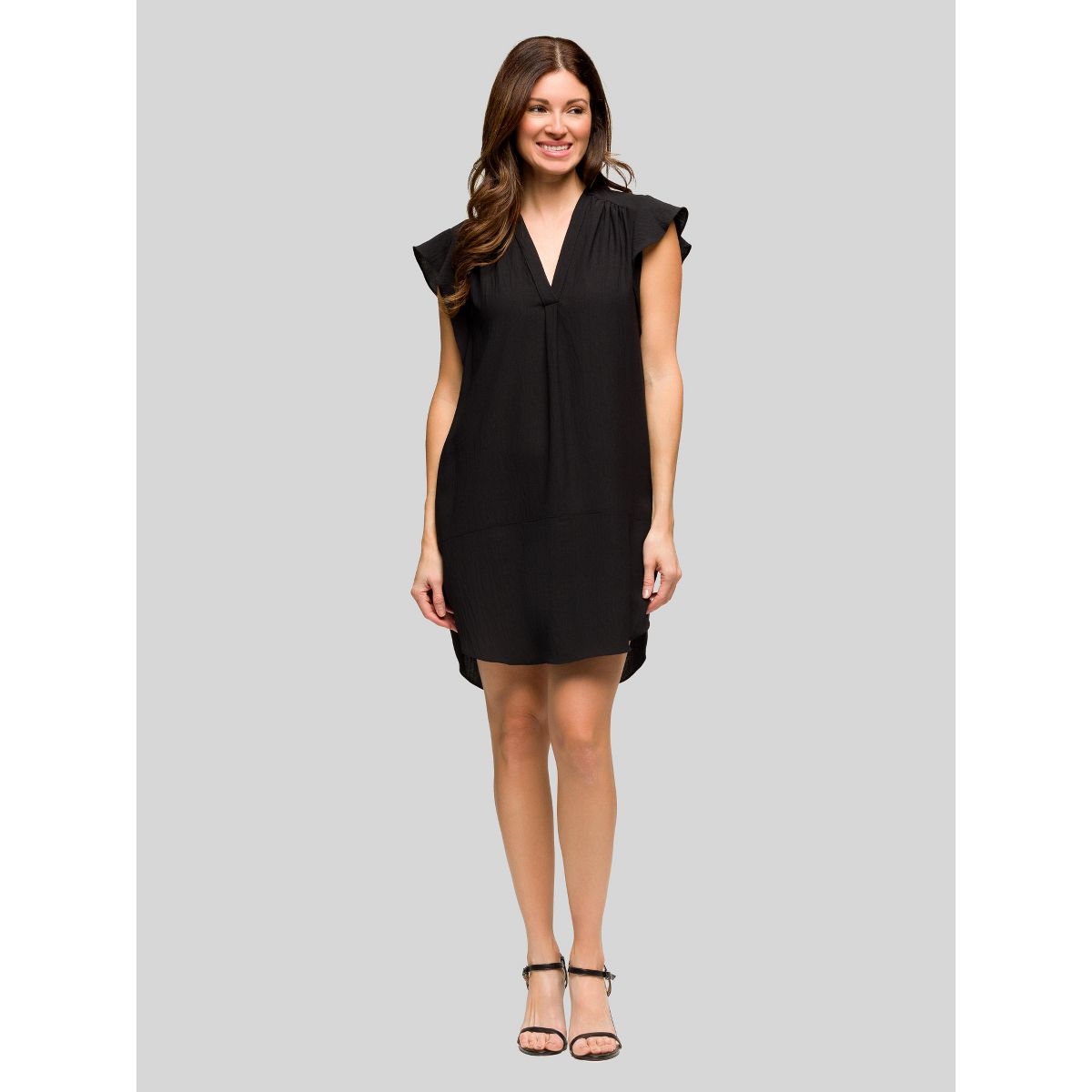 Womens V-Neck Cap Sleeve Round Hem Mini Pocket Shift Dress - 24seven Comfort Apparel™