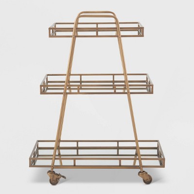 Elegant Antique Gold Rolling Bar Cart with Mirrored Shelves