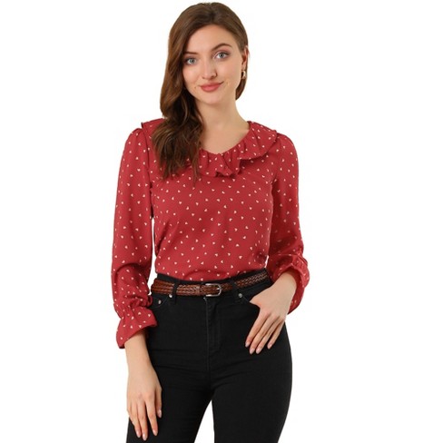 Womens Polka Dot Shirt Feminine Long Sleeve V Neck Office Work Button Down  Blouse Tops Ladies Casual Classic Tunic(Red,XXL)