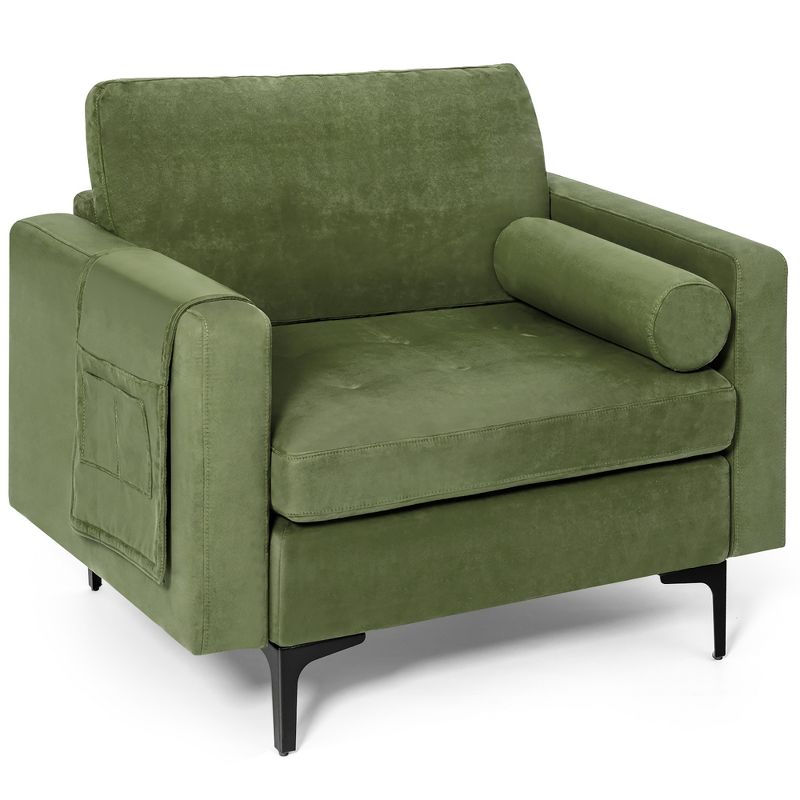 Costway Fabric Accent Armchair Single Sofa w/ Bolster & Side Storage Pocket Army Green, 1 of 10