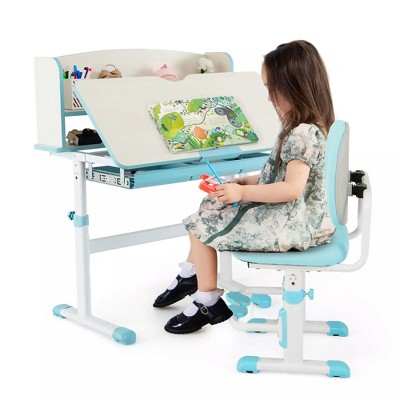 Tangkula Kids Desk & Chair Set Height Adjustable Children School Study Table & Chair Blue