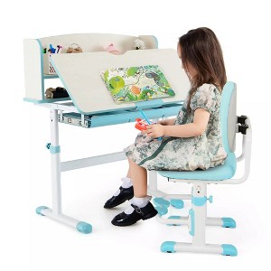 Tangkula Kids Desk & Chair Set Height Adjustable Children School Study Table & Chair Blue - 1 of 3