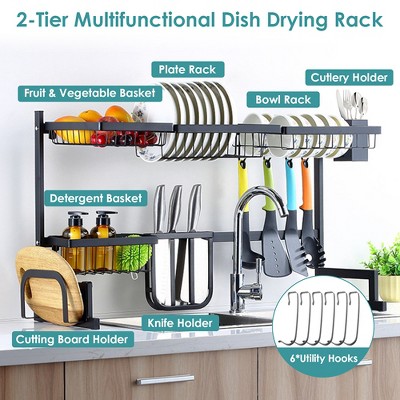 Black Stainless Steel 2-Tier Over Sink Dish Drying Rack with Utensil Cup