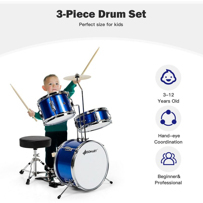 Costway 13 Inch 4-Piece Kids Junior Beginner Drum Set w/Tom Snare Bass Drum, 4 of 11