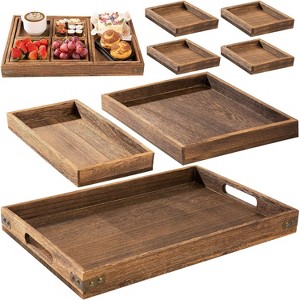 Attop Rustic Wooden Serving Trays with Handle - Set of 7 Rectangular Platters for Entertaining, Breakfast, Coffee Table, Home Decor - 1 of 4