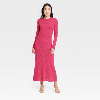 Women's Long Sleeve Maxi Pointelle Dress - A New Day™ Pink XS