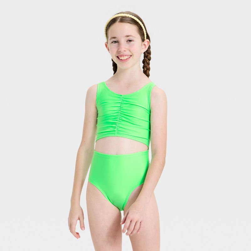 Girls' Front Cut One Piece Swimsuit - Cat & Jack™ Green XS