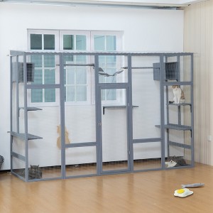 DOMETOUR Wooden Cat Enclosure with 6 Jumping Platforms, 2 Cat Condos, Cat Bridge and Scratching Board - 1 of 4