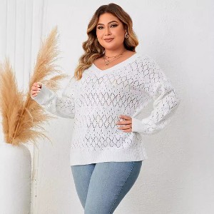 Women's Plus Size Crew Neck Pullover Knit Top: Cutout V-Neck Detail In-Stock Casual Tops for Daily Wear, Errands & Relaxed Outings - 1 of 4