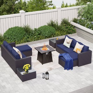 Captiva Designs 7pc Steel & Wicker Outdoor Square Fire Pit Furniture Set with Cushions - 1 of 4