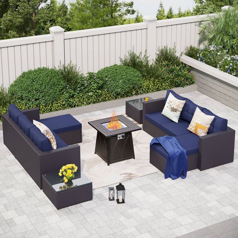 Captiva Designs 7pc Steel & Wicker Outdoor Square Fire Pit Furniture Set with Cushions, 1 of 13