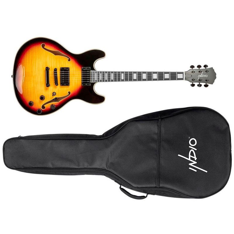 Monoprice Indio Boardwalk Flamed Maple Hollow Body Electric Guitar - Sunburst, With Gig Bag, 3 of 7