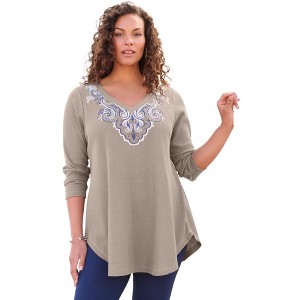 Roaman's Women's Plus Size V Neck Thermal Swing Tunic - 1 of 4