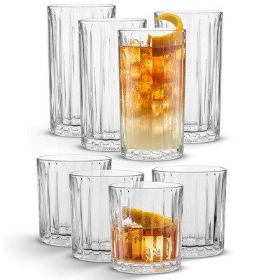 JoyJolt Alain Drinking Glasses Set of 8 Glass Tumblers. Highball 14oz Bar Glasses and Lowball 10oz Rocks Glasses Set