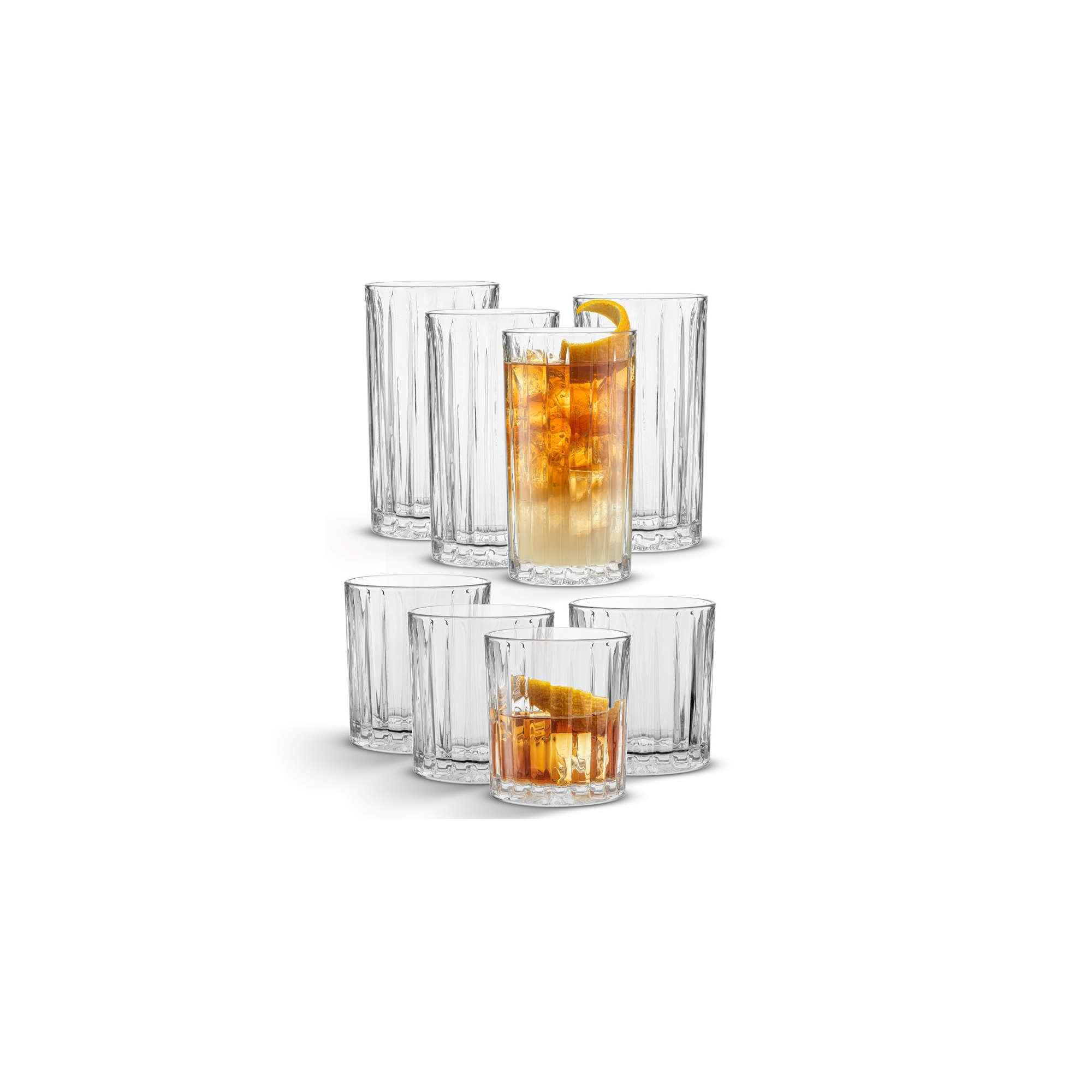 JoyJolt Alina 8 Piece Ribbed Glass Drinkware Set - 12oz Rocks Glasses and 14oz Highball Glasses. Cocktail Glasses,