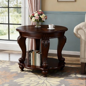 Hostack 22'' Retro Round End Table, Solid Wood Sofa Side Table with Shelf for Living Room, Cherry - 1 of 4