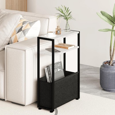 Narrow Side Table, Slim End Tables with Fabric Basket, Skinny Table for Small Spaces, Thin Bedside Table