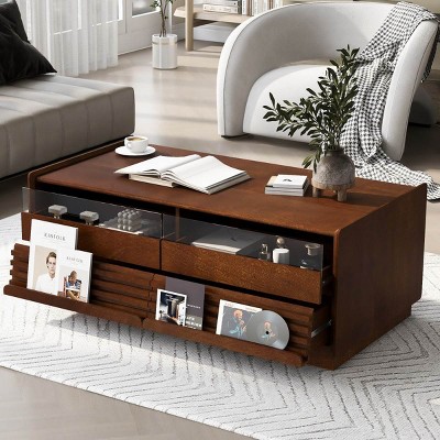 Modern MDF Coffee Table with Storage Drawers,Coffee Table with 2 Display Shelves,Vintage Wood Coffee Table for Living Room,Kitchen-Coolbibila