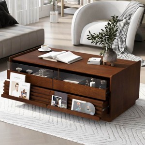 Modern MDF Coffee Table with Storage Drawers,Coffee Table with 2 Display Shelves,Vintage Wood Coffee Table for Living Room,Kitchen-Coolbibila - 1 of 4