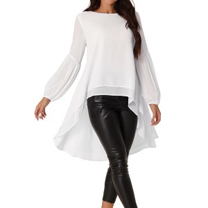Seta T Women's Lantern Long Sleeve Round Neck High Low Irregular Hem Casual Blouse - 1 of 4