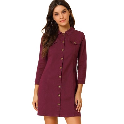 Allegra K Women's 3/4 Sleeve Button Down Denim Shirt Dress Burgundy Large :  Target