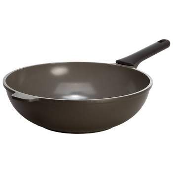 Goodful 12.5" Cast Aluminum, Ceramic Wok Stir-Fry Pan with Side Handle and Long Handle (No Lid) Charcoal