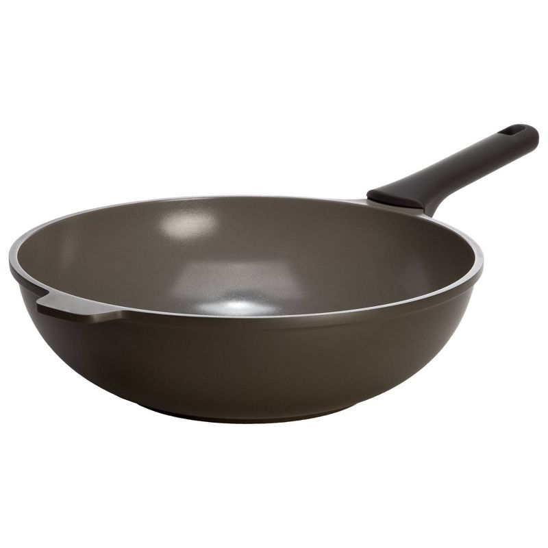 Goodful 12.5&#34; Cast Aluminum, Ceramic Wok Stir-Fry Pan with Side Handle and Long Handle (No Lid) Charcoal, 1 of 9