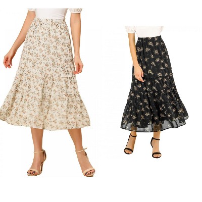 Allegra K Women's Floral Elastic Waist Tiered Ruffle Boho Midi Skirt 2 Packs