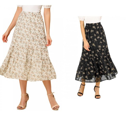 Allegra K Women s Floral Elastic Waist Tiered Ruffle Boho Midi Skirt 2 Packs Black white A X large Target