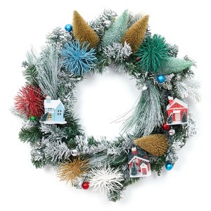 Christmas Wreaths for Front Door, 24-Inch Snow Frosted Wreath with Rustic House and Pinecones - 1 of 4