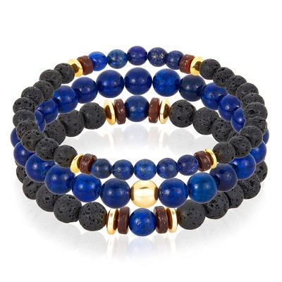 Crucible Men's Lapis Lazuli Stone with Hematite, Lava and Wood Bead Stretch Bracelets