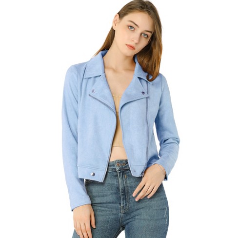 Allegra K Women's Convertible Collar Zip Up Soft Faux Suede Biker Moto  Jacket Light Blue Large