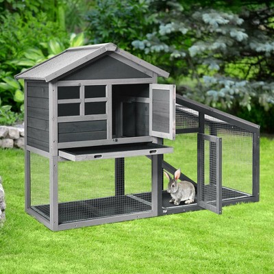 Gray Wooden Outdoor Hutch with Ramp and Ventilation