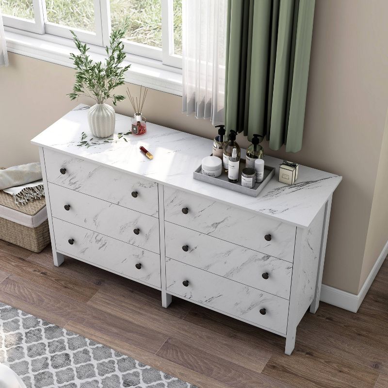 Fichte Transitional 6 Drawer Faux Marble Dresser White Marble - miBasics, 5 of 11