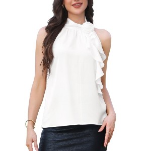 INSPIRE CHIC Women's Halter Neck 3D Floral Ruffle Sleeveless Summer Dressy Casual Blouses - 1 of 4