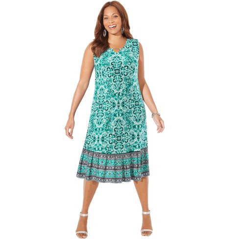 Catherines Women s Plus Size Fun Flouncy Shift Dress 6X Clover Green Scroll