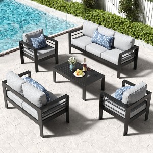 LayinSun Outdoor Aluminum Furniture Set, 5 Pieces Patio Sectional Conversation Chat Sofa Modern Seating Set with Coffee Table - 1 of 4