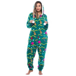Just Love Womens One Piece Winter Holiday Adult Bodysuit Faux Shearling Lined Hoody Xmas Pajamas - 1 of 4