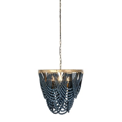 Blue Wood Bead 2-Tier Chandelier with Gold Frame