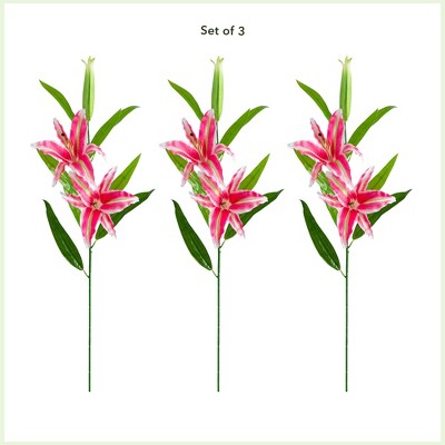 Nearly Natural 33-in Artificial Stargazer Lily Flower, Set of 3, Pink