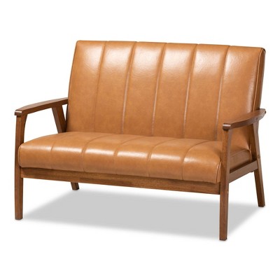 Nikko Mid-Century Faux Leather Upholstered Wood Loveseat Walnut/Brown - Baxton Studio