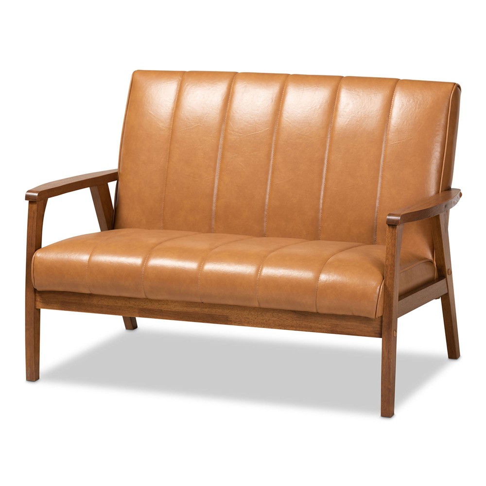 Photos - Sofa Nikko Mid-Century Faux Leather Upholstered Wood Loveseat Walnut/Brown - Ba