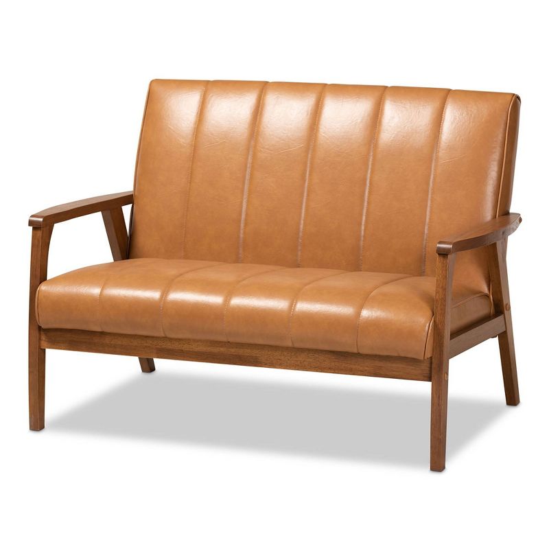 Nikko Mid-Century Faux Leather Upholstered Wood Loveseat Walnut/Brown - Baxton Studio, 1 of 10