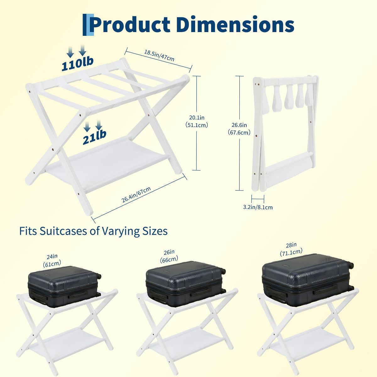 2-Pack Folding Bamboo Luggage Rack with Storage Shelf, Suitcase Stand with Nylon Straps, 110 lb Capacity for Bedroom, Hotel, Living Room, White - thumbnail 8