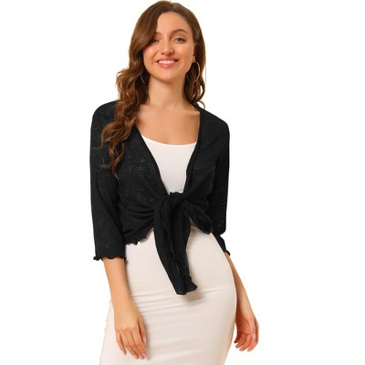 Allegra K Women's Leisure Open Front Self Tie 3/4 Sleeve Crop Shrug  Cardigan Black M : Target