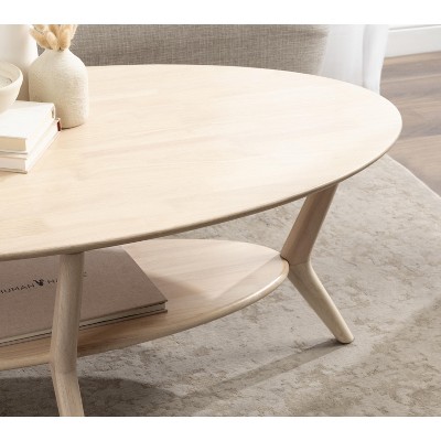 Natural Wood Oval Coffee Table with Storage and Sculptured Legs
