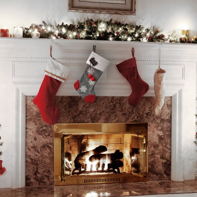 18" Gray and Red Christmas Stocking with Snowflakes and Plaid Mittens